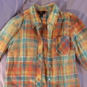 LL BEAN Acid Wash Plaid Flannel Shirt Orange 6P